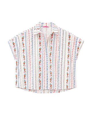 Pink + Blue Floral V-Neck Poplin Top