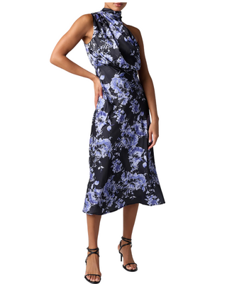 Dublin Asymmetrical Neck Midi Dress- Blue + Blue Floral