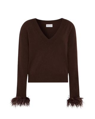 Feather Cuff V-Neck Sweater- Brown