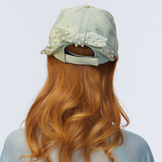 Bow Embellished Baseball Cap- Faded Denim