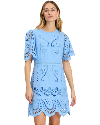Lacey Open Embroidered Dress- Vista Blue
