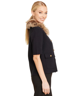Faux Fur Trim Cardigan- Black