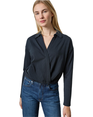 Faux Wrap Collared Top- Black
