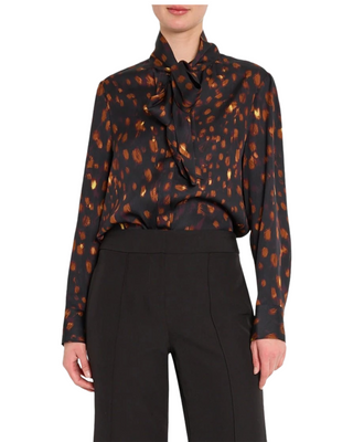 Printed Tie Neck Silk Blouse- Brown Multi