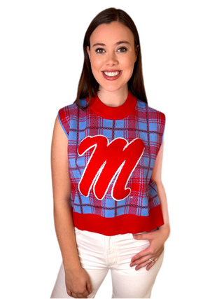 Ole Miss Plaid Sweater Vest- Powder Blue & Red