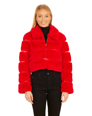 Faux Leather & Fur Cropped Zip Jacket- Red