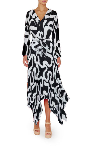 Liora Ink Swirl Pleated Dress- Black + White