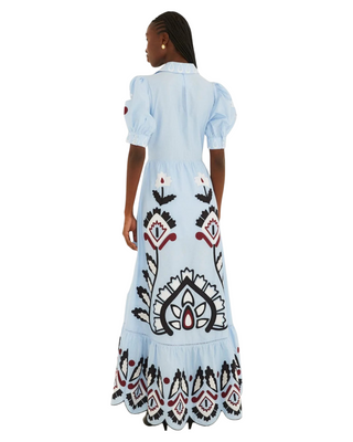 Blue Artisanal Embroidered Front Bow Maxi Dress