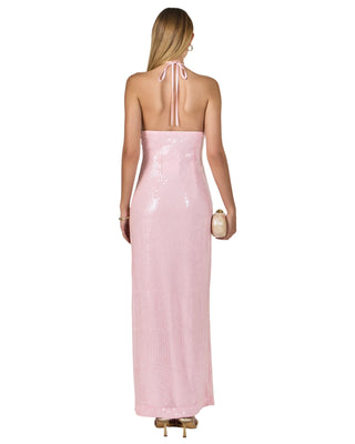 Halter Sequin Rose Maxi Dress- Baby Pink