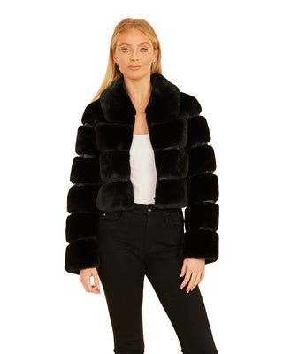 Faux Leather & Fur Cropped Zip Jacket- Black