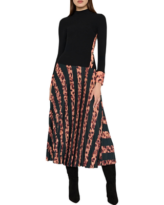 Printed Satin Cuff Knit Mock Neck Top- Black/Cheetah