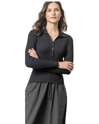 Polo Collar Henley Sweater- Black