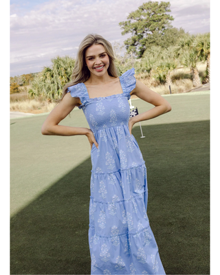 Tiered Flutter Sleeve Mocked Maxi Dress- Floral Blue