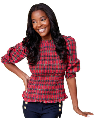 Puff Sleeve Smocked Top- Red Plaid