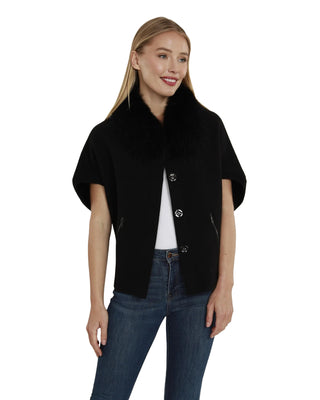 Short Sleeve Cardigan with Faux Fur Collar- Black