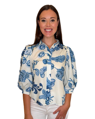 Blue Leaf Button Down Blouse