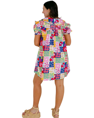 Fruit Quilt Peter Pan Multi Stitch Dress- Blue