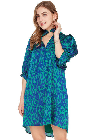 Jazzy Leopard Ruffle Collar Puff Sleeve Dress