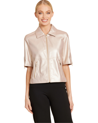 Vegan Leather Zip Up Shirt Jacket- Pale Gold
