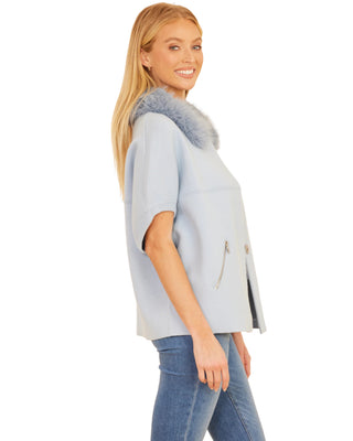 Short Sleeve Cardigan with Faux Fur Collar- Powder Blue