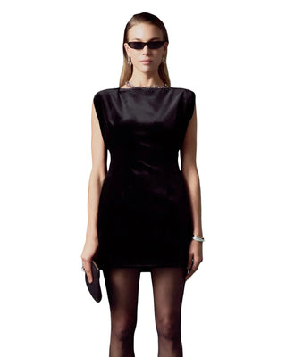 Velvet Shoulder Pad Mini Dress- Black
