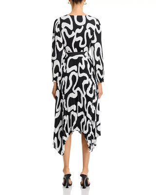 Liora Ink Swirl Pleated Dress- Black + White