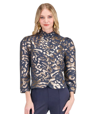 Stand Collar Cropped Jacket- Leopard Brocade