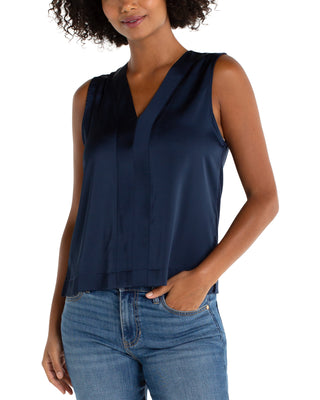 Sleeveless V-Neck Woven Knit Top- Dark Navy