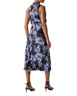 Dublin Asymmetrical Neck Midi Dress- Blue + Blue Floral
