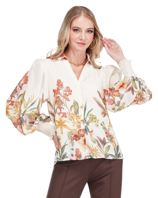 Wild Bloom Stand Collar V-Neck Blouse