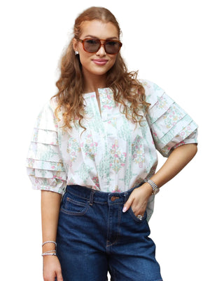 Vintage Floral Pleated Sleeve Top- Ivory
