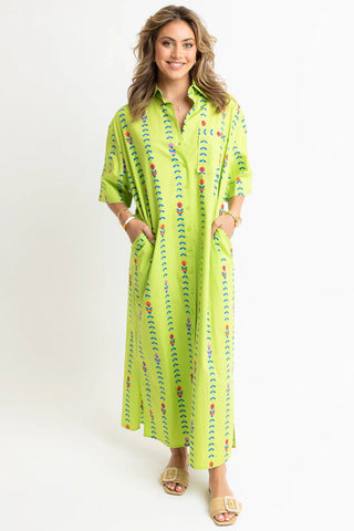 Mod Floral Vine Maxi Shirt Dress- Lime