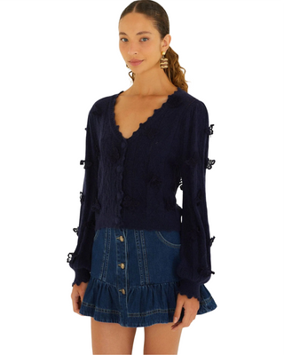 Richilieu 3D Butterflies Artisanal Knit Cardigan- Navy Blue