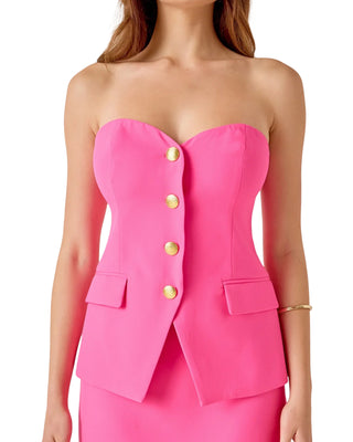 Strapless Gold Button Top- Hot Pink