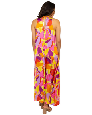 Floral Satin Mock Neck Halter Maxi Dress- Red