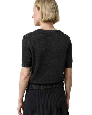 Short Sleeve V-Neck Sparkle Sweater- Black Sparkle