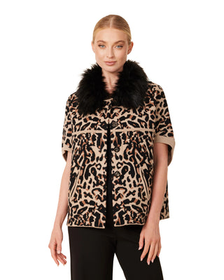 Short Sleeve Cardigan with Faux Fur Collar- Leopard