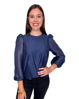 Puff Sheer Sleeve Top- Navy