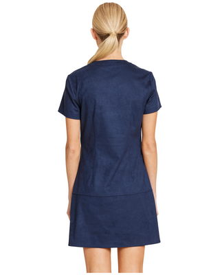 Faux Suede Zip Up Short Sleeve Dress- Navy