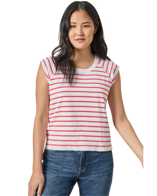 Rib Short Sleeve Scoop Neck- Geranium Stripe