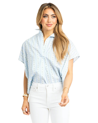 Floral Stripe V-Neck Collar Top- Blue