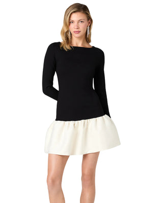 Cleo Ponte Combo Structured Taffeta Boatneck Dress- Black/Cream