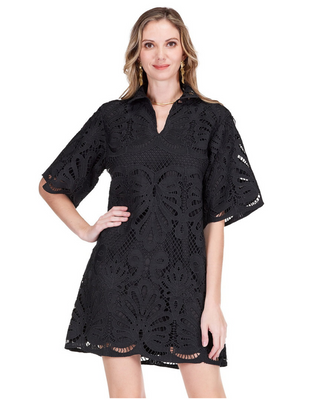 Black Floral Lace Overlay Mini Caftan