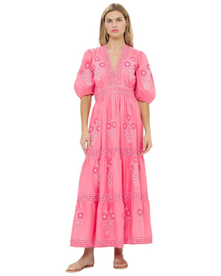 V-Neck Puffed Sleeve Maxi Dress- Raton Pink
