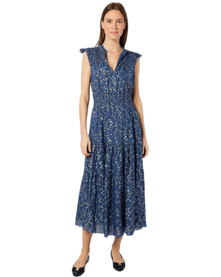 Smocked Waist Midi Dress- Navy Peony