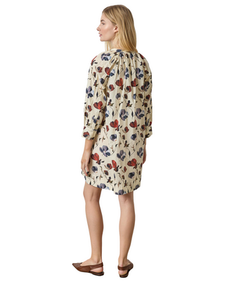 Shirred Neck Placket Dress- Blue Poppy Print