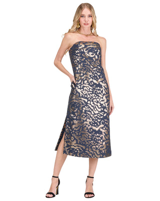Strapless Tube Midi Dress- Leopard Brocade