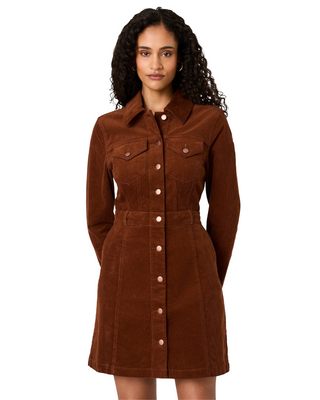 Casey Corduroy Button-Front Dress- Chesnut Brown