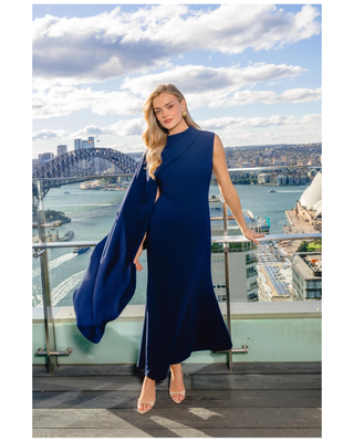 Leonara Asymmetric Cape Dress- Deep Navy