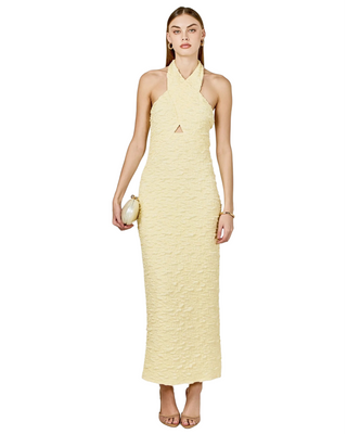 Stretchy Halter Neck Midi Dress- Butter Yellow